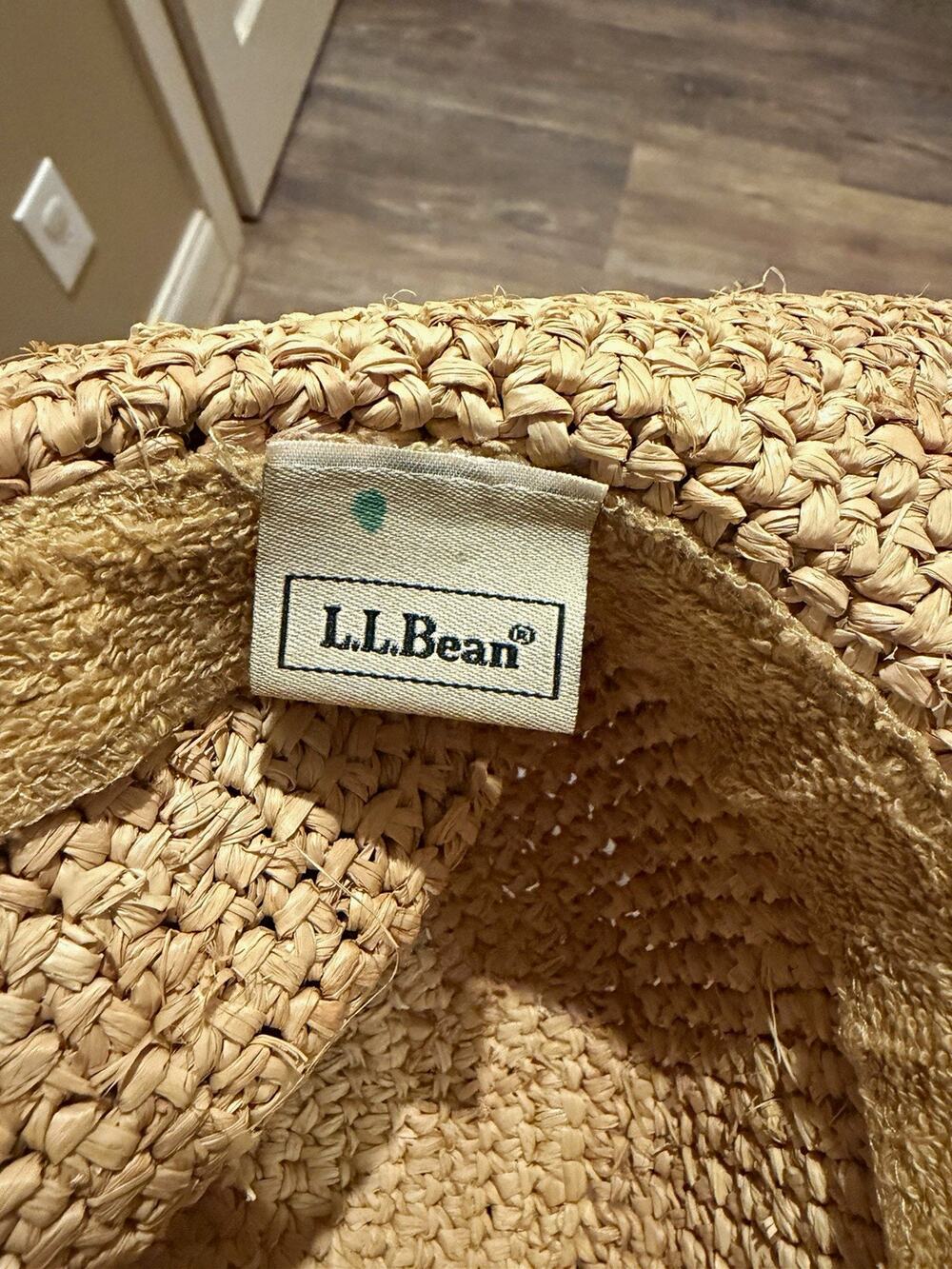 L.L.Bean Women’s Vintage Beige Woven Straw Wide Brim Sun Hat Bow Chin Strap OS